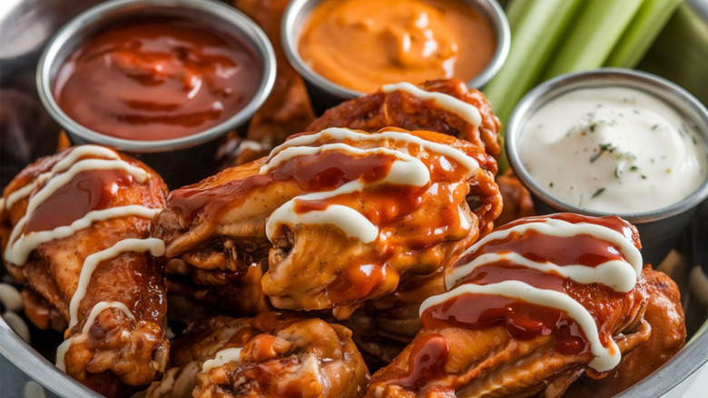 Close up of chicken wings with sauces