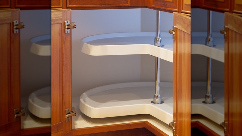 Lazy Susan rotating shelf in corner cabinet