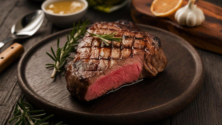 steak cut in half on wooden plate