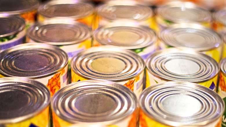 Overhead view of rows of canned fruit