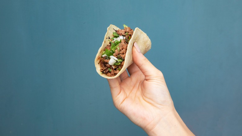 A hand holding a beef taco on a corn tortilla, topped with onions and cilantro.