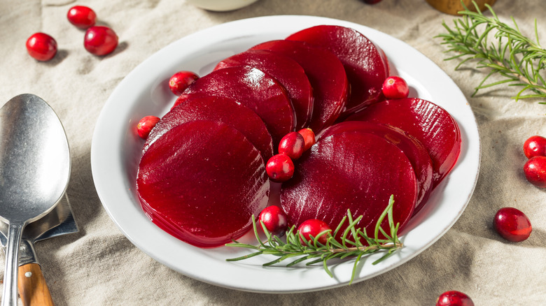 sliced canned cranberry sauce on a white plate