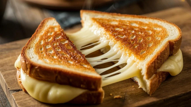 A close-up of a toasted grilled cheese sandwich with long melted cheese strings on a wooden cutting board, close-up food photography.
