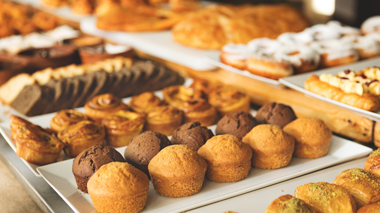 A variety of baked goods on display in a bakery