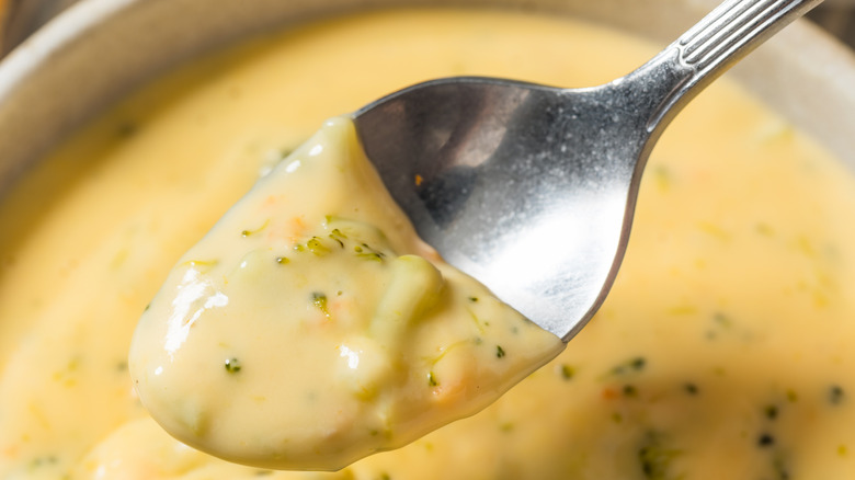 spoon of broccoli cheddar cheese soup