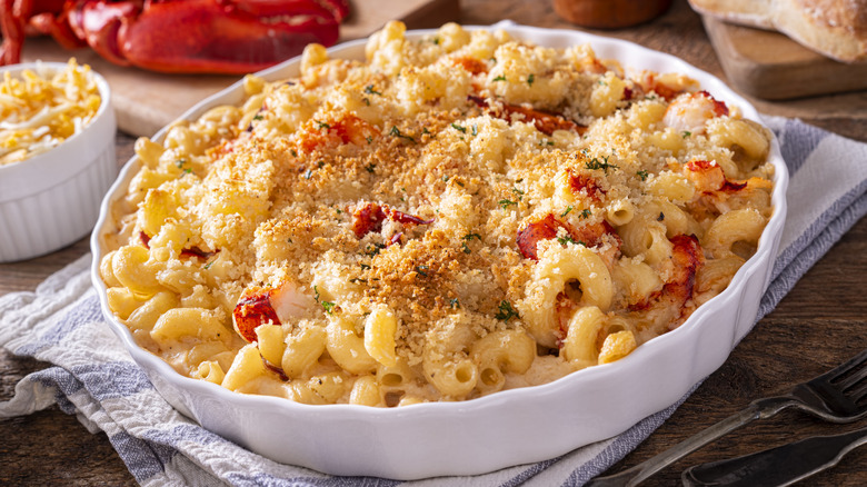 Close up of baked lobster mac and cheese