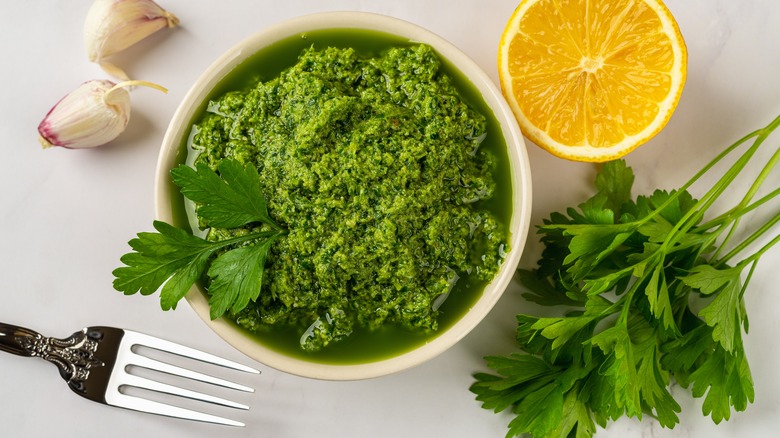 Salsa verde on a table