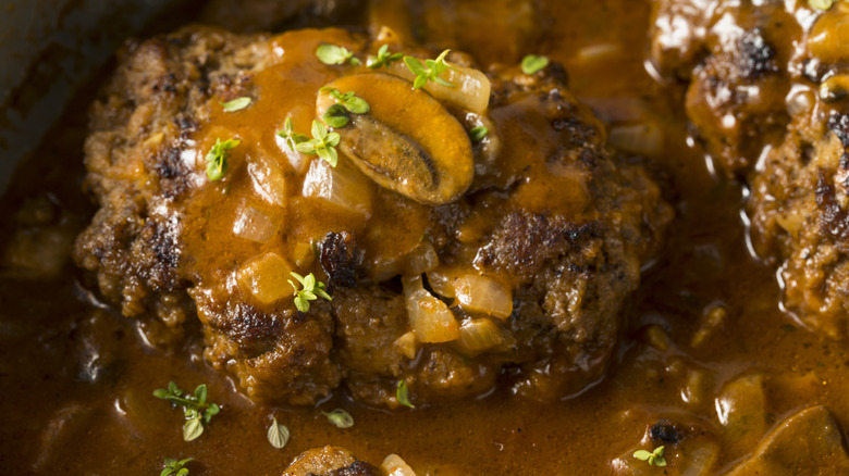 Homemade salisbury steak with mushrooms, onions, and gravy