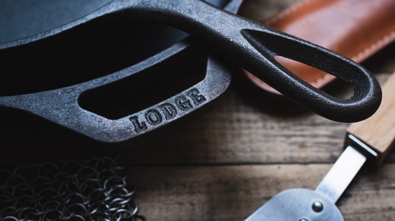 A closeup of the name on a cast iron pan