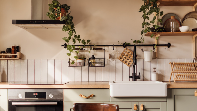 Open shelves are seen in a kitchen.