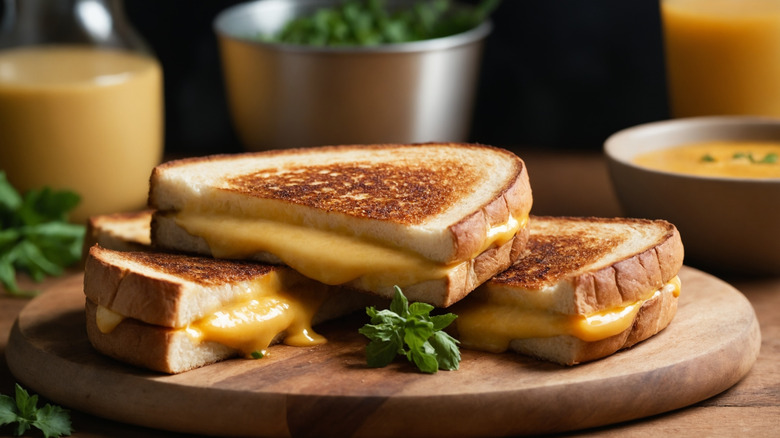 Grilled cheese halves stacked on a wooden cutting board with herbs