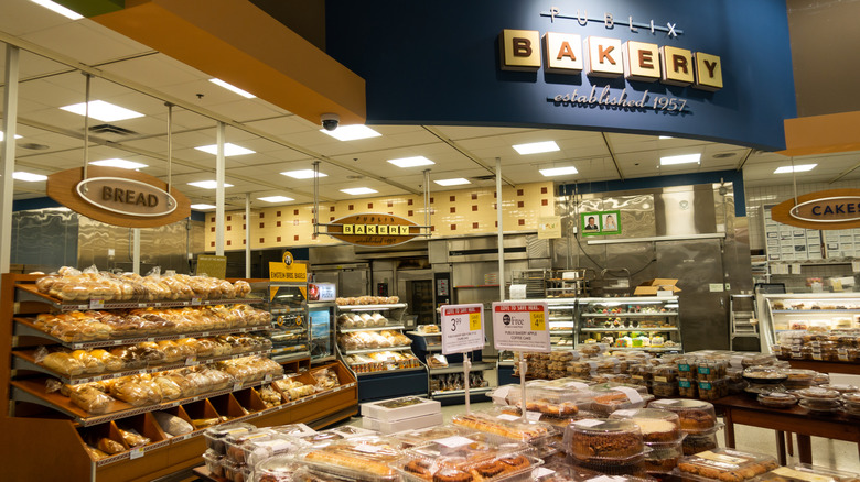 Fully stocked Publix bakery with various breads and dessert items