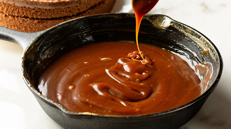 Caramel sauce in cast iron skillet