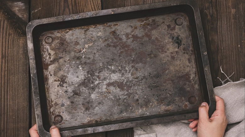 Old, stained cookie sheet
