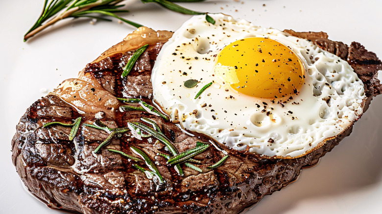 displayed steak topped with egg