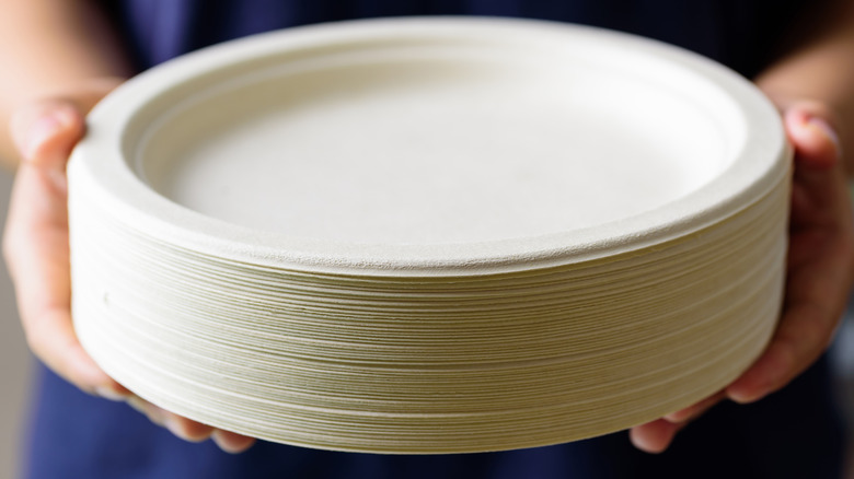 person holding a stack of disposable paper plates