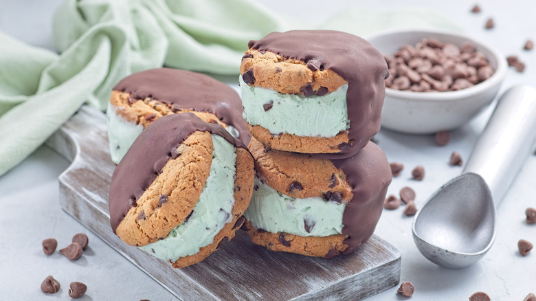 Ice cream sandwiches dipped in chocolate