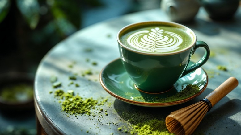A matcha latte in a green mug