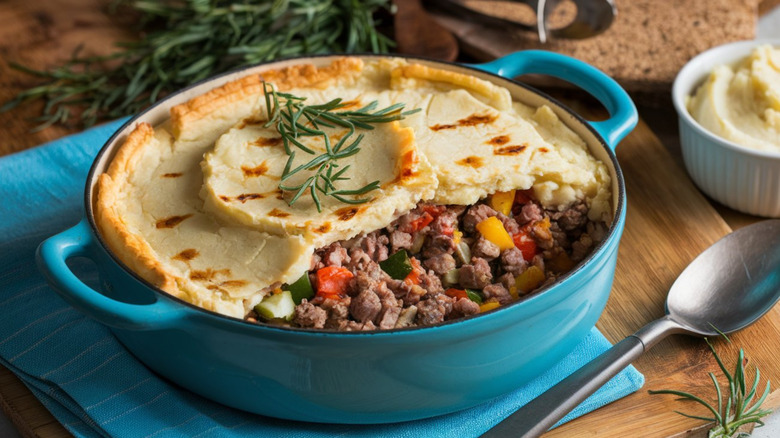 Shepherd's pie in a blue dish