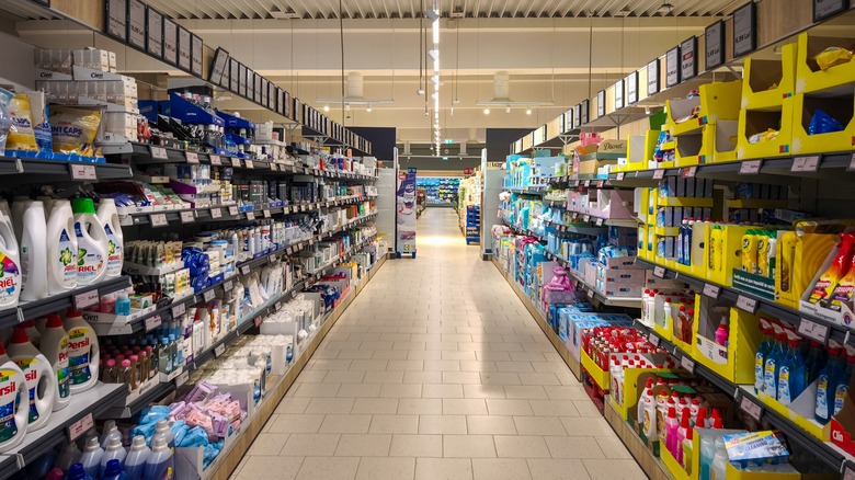 Shelves with products inside a Lidl Store in Romania.