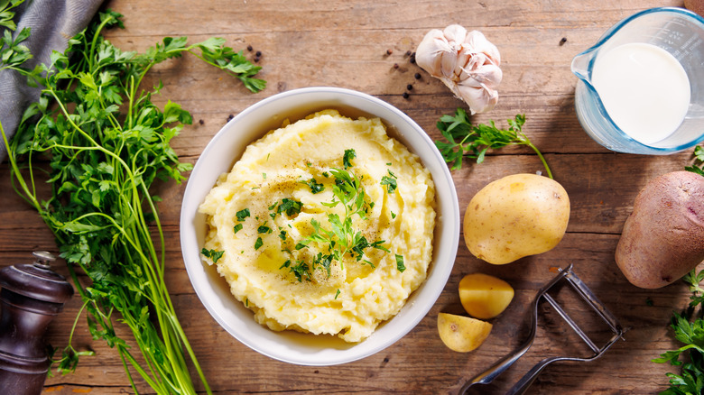 downward view of mashed potatoes with herbs