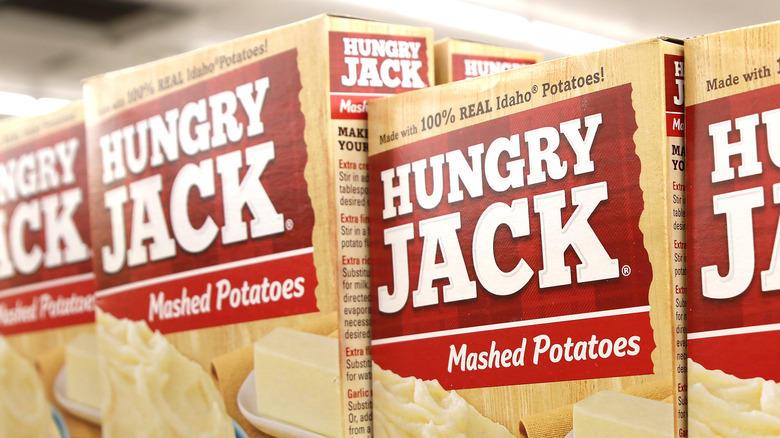 a row of boxed Hungry Jack Mashed Potatoes