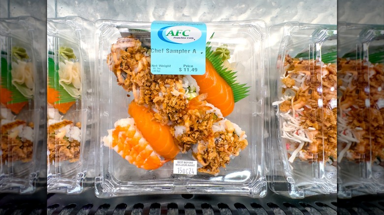 AFC Sushi chef sampler in container on display at a grocery store