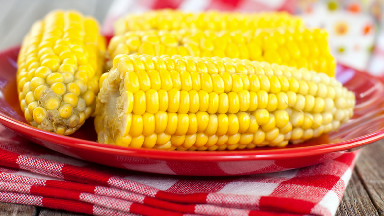 Corn cobs on red plate