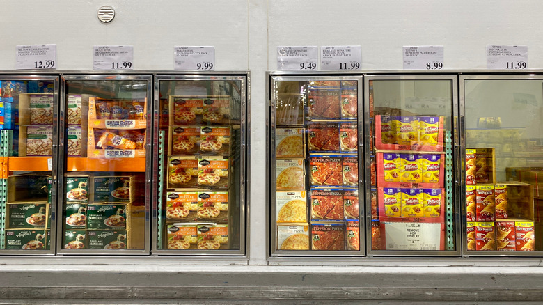 Costco frozen pizza section in the freezer