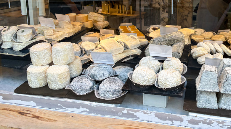 Storefront with different varieties of goat's cheese