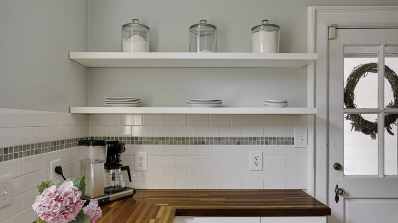 Open shelves in a kitchen