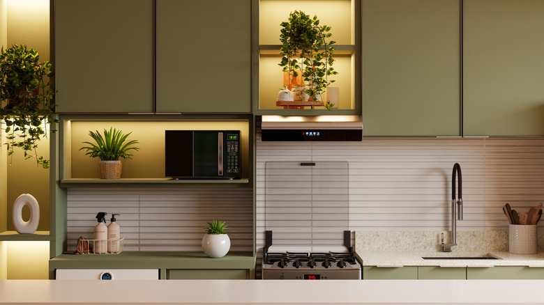 A kitchen with olive green walls and cabinets holds multiple lighted plants