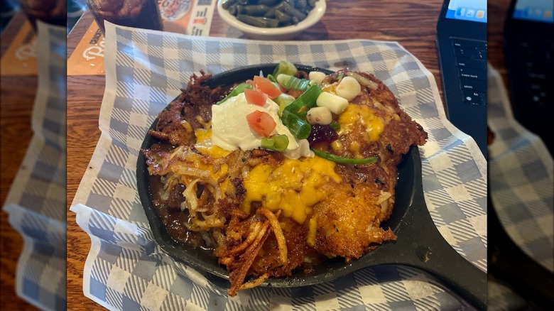Cracker Barrel's Hashbrown Shepherd's Pie Casserole served in a cast iron skillet