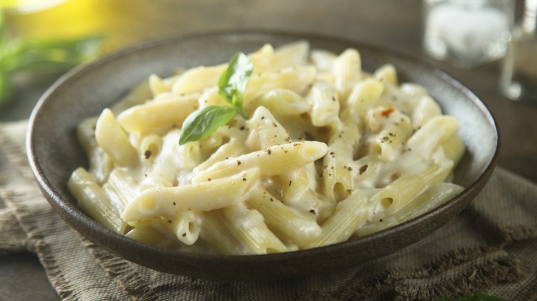 Bowl of creamy pasta with white sauce