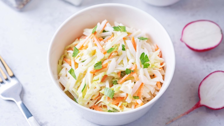 A small bowl of coleslaw