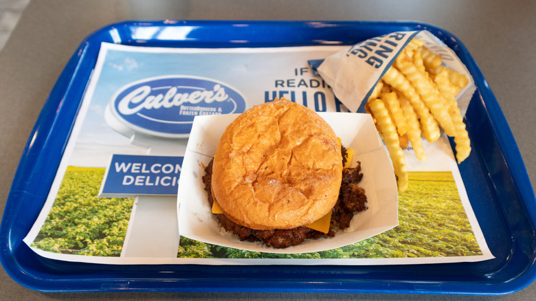 Culver's butterburger and fries on a tray