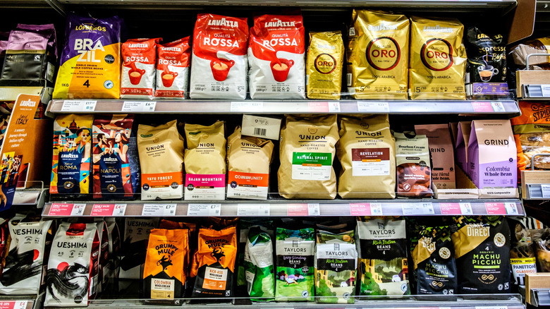 Bags of packaged coffee on display
