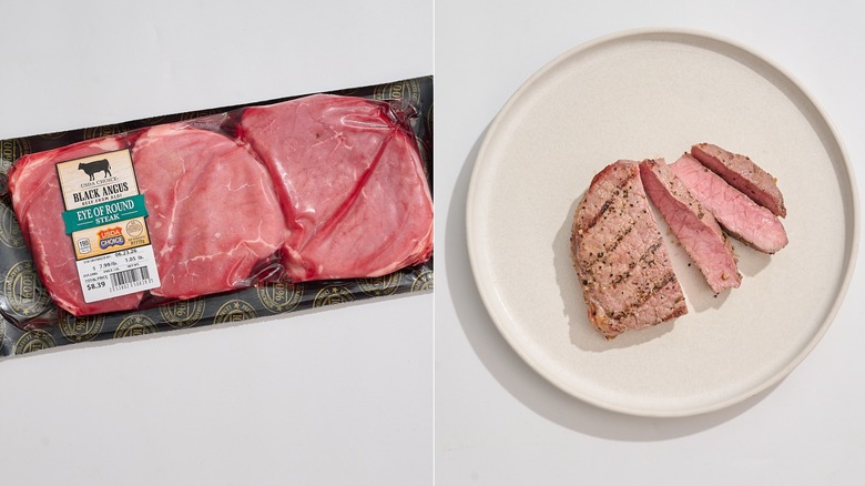 Eye of round in packaging next to cooked and sliced eye of round steak on plate