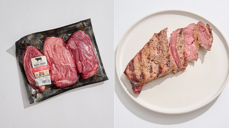 petite sirloin in packaging next to a cooked and sliced petite sirloin on plate