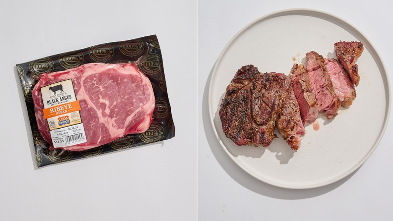 ribeye in packaging next to a cooked and sliced ribeye steak on plate