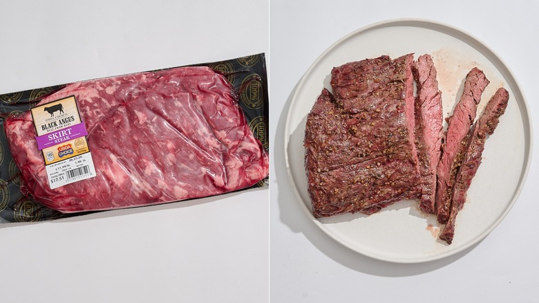 skirt steak in packaging next to a cooked and sliced skirt steak on plate