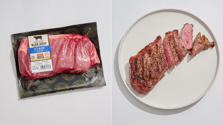 strip steak in packaging next to a cooked and sliced strip steak on plate