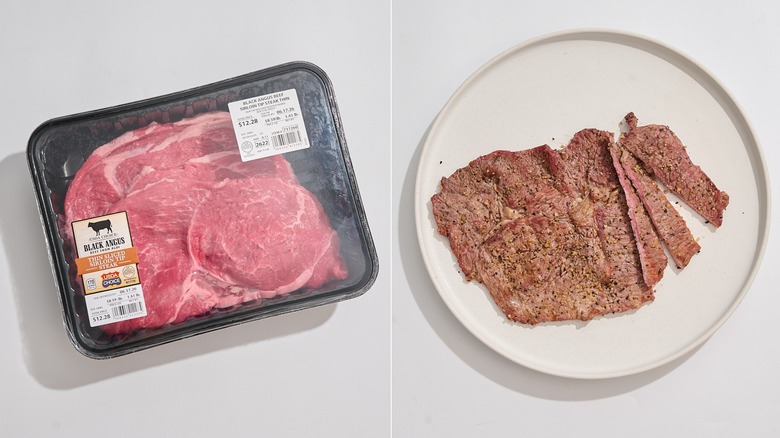 thin sliced sirloin in packaging next to a cooked and sliced sirloin on plate