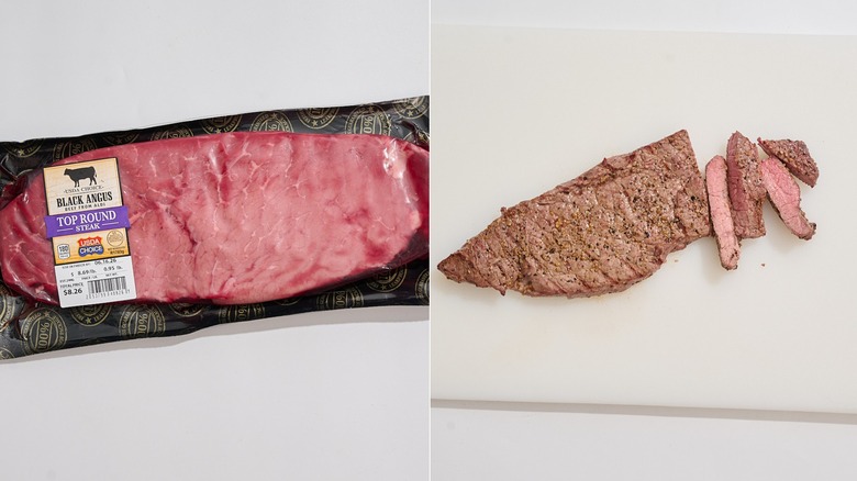 top round steak on a table next to a cooked and sliced top round steak on cutting board