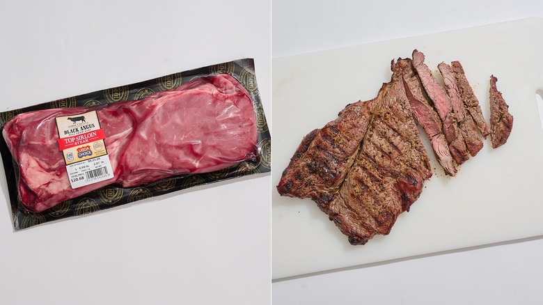 top sirloin in packaging next to cooked and sliced top sirloin on cutting board