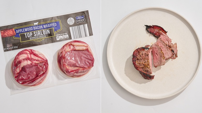 bacon-wrapped sirloin in packaging next to a cooked bacon-wrapped sirlon on plate