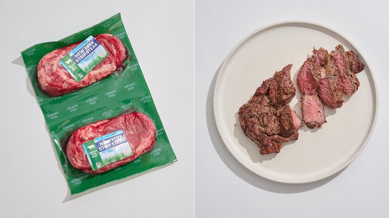 grass fed strip steak in packaging next to a cooked and sliced strip steak on plate