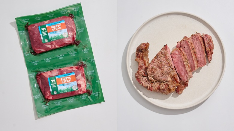 Grass fed ribeye steak in packaging next to a cooked and sliced ribeye steak on plate