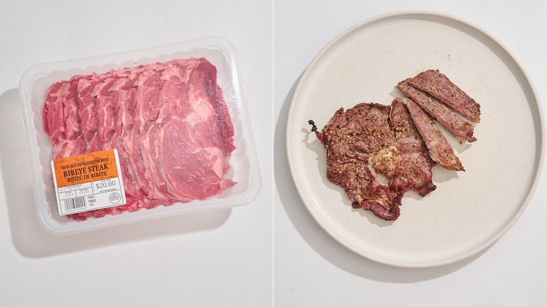 Ribeye steak in packaging next to cooked and sliced ribeye steak on plate