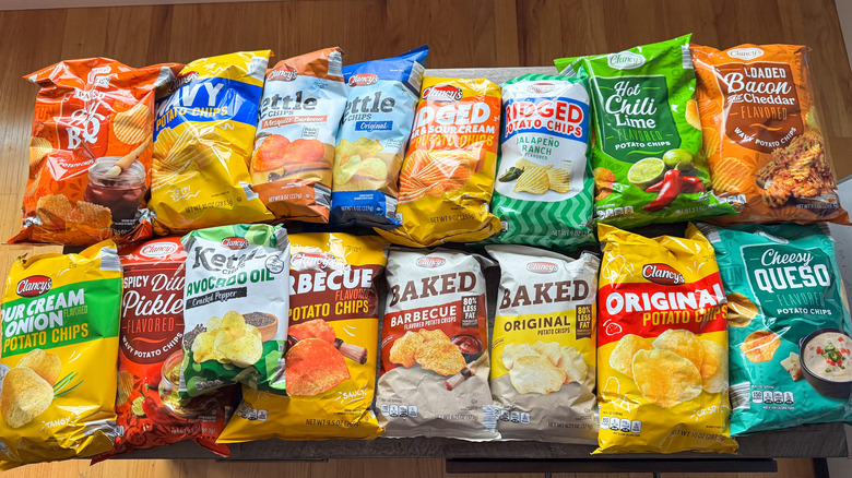 Potato chip bags on a wooden surface